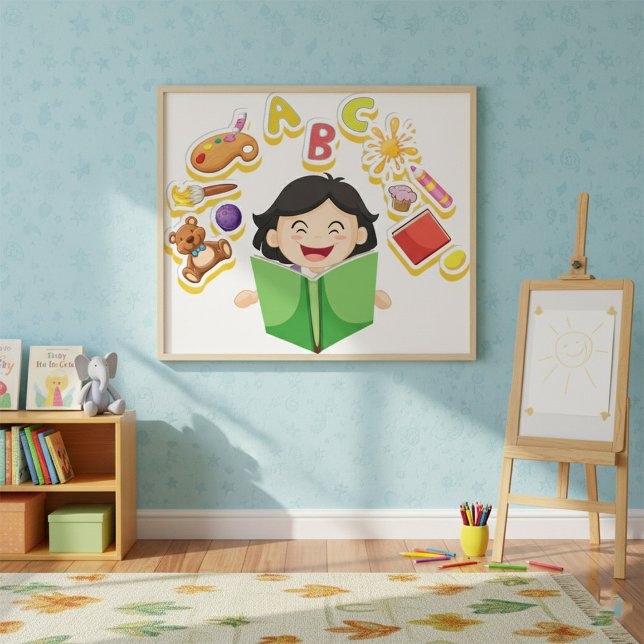 Poster Fille lisant et apprenant les lettres ABC, jouets  (Créateur téléchargé)