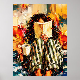 Poster Fille lisant un livre, peinture cosy et artistique