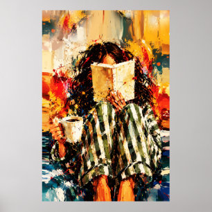Poster Fille lisant un livre, peinture cosy et artistique