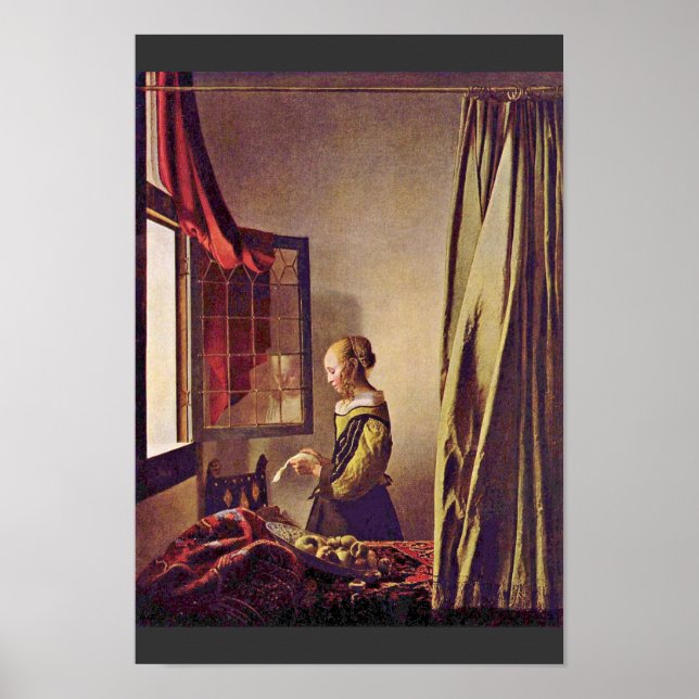 Poster Fille Lisant Une Lettre À Une Fenêtre Ouverte, Par (Devant)
