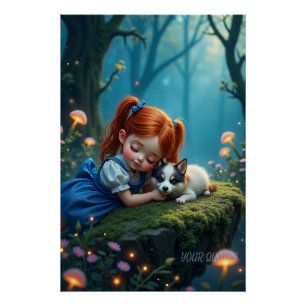 Poster Fille Magique et Chiot dans une Forêt Enchantée