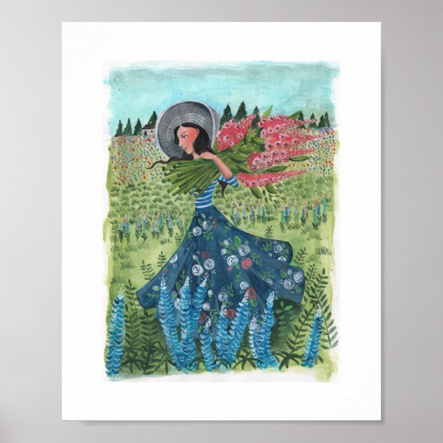 Poster Fille marchant à travers les fleurs des champs (Devant)