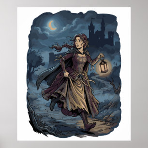 Poster Fille Médiévale Fantastique Gothique Lanterne Chât
