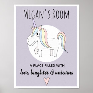Poster Fille Mignon Dessin Licorne Nom Nurserie Enfants