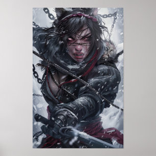 Poster Fille mystique Ninja avec des dents de tigre comba