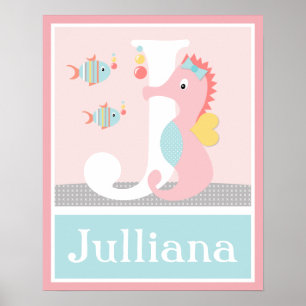 Poster Fille Océan Vie Pink Seahorse Initiale