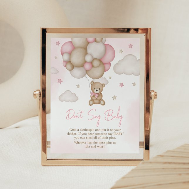 Poster Fille ours Baby shower de ballon ne pas dire bébé (Pink Boho Bear Balloon Baby Shower Don't Say Baby Sign)