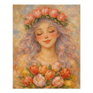 Poster Fille paisible avec des tulipes jaunes