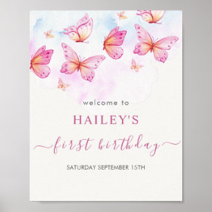 Poster Fille Papillon Aquarelle Élégante 1er Anniversaire