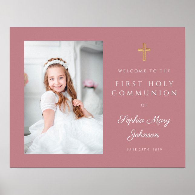 Poster Fille Photo Première Communion Rose Bienvenue (Devant)