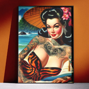Poster Fille pin-up de plage tatouée rétro