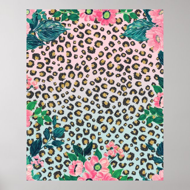 Poster Fille Pink Mint Ombre Floral Parties scintillant E (Devant)
