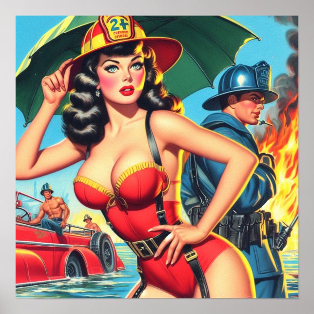Poster Fille pompier rétro (Devant)