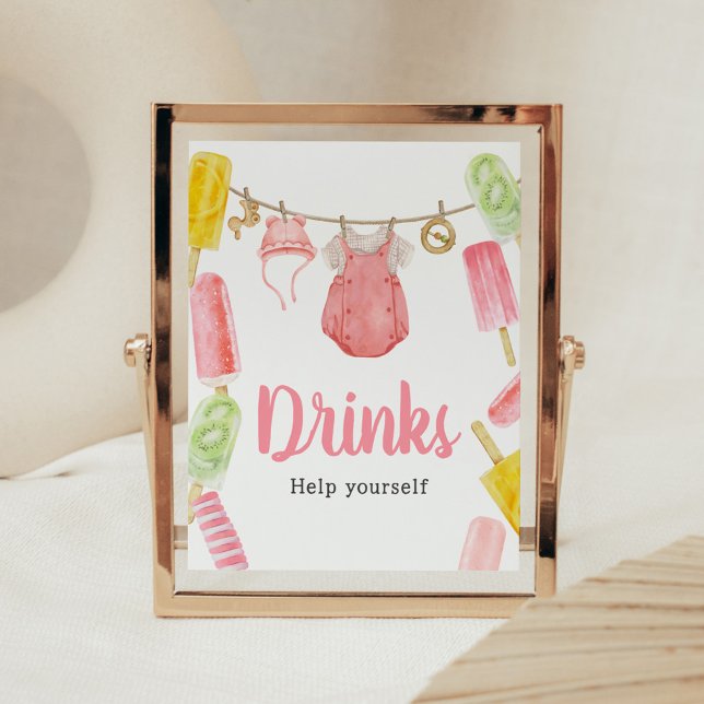 Poster Fille Popsicle Baby shower Boissons (Popsicle Baby Shower Drinks Sign )