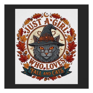 Poster Fille qui aime les chats Halloween Sorcière Automn