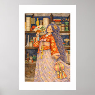 Poster Fille rêveuse en Hanbok coréen avec éventail et No