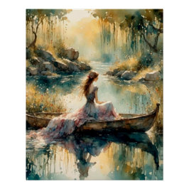 Poster Fille romantique en bateau en bois sur le lac