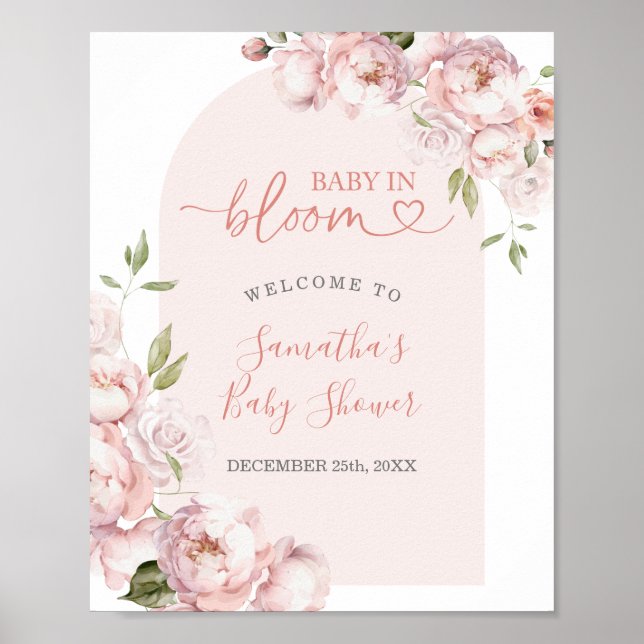 Poster Fille rose Baby shower bébé en fleurs Bienvenue (Devant)