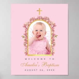 Poster Fille Rose Baptême Photo Arche Dorée Orchidées Bie
