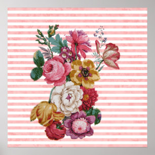 Poster Fille rose Vintage rayures Roses colorés