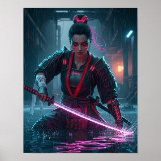 Poster Fille Samouraï Cyberpunk