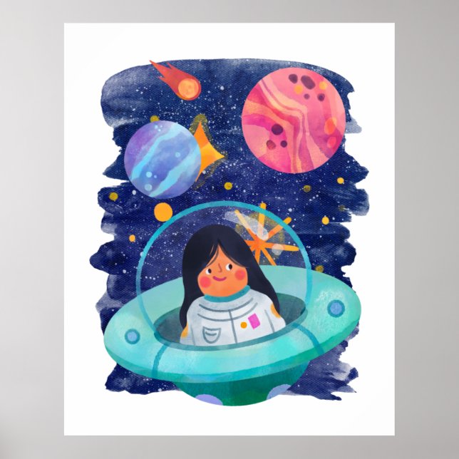 Poster Fille Saucisse Volante Astronaute Espace Planètes  (Devant)
