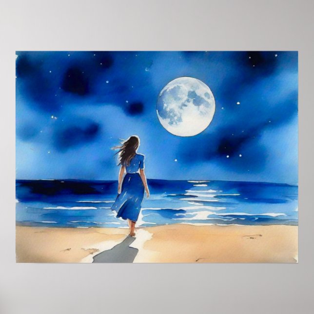 Poster Fille sur la plage sous une Pleine lune (Devant)