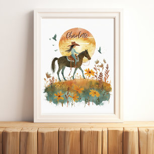 Poster Fille sur le couché de soleil de cheval Nom person