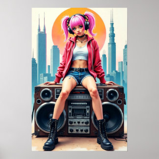 Poster Fille sur un magnétophone vintage