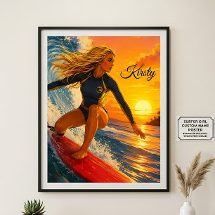 Poster Fille surfeuse au coucher du soleil avec planche d