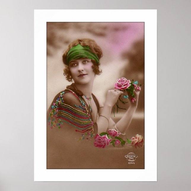 Poster fille victorienne avec foulard, châle, rose (Devant)