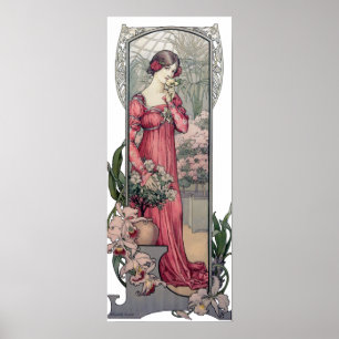 Poster Fille vintage d'Alfons Mucha avec des fleurs