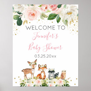 Poster Fille Woodland Baby shower Blush Floral Bienvenue