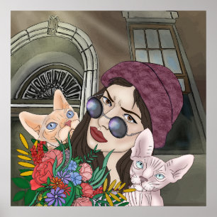 Poster Filles avec chats Imprimer, Papier d'affiche de va