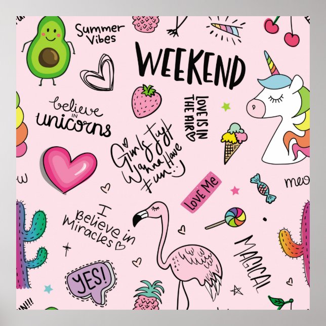 Poster Filles concept amusant avec licorne, flamingo, cac (Devant)