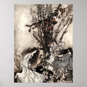 Poster Filles de danse vintage dans le jardin par Rackham