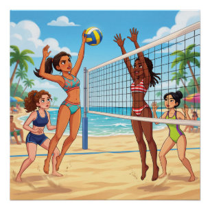 Poster Filles de dessin animé jouant au volley-ball de pl