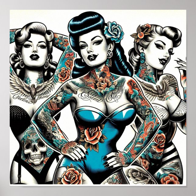 Poster Filles de tatouage vintages (Devant)