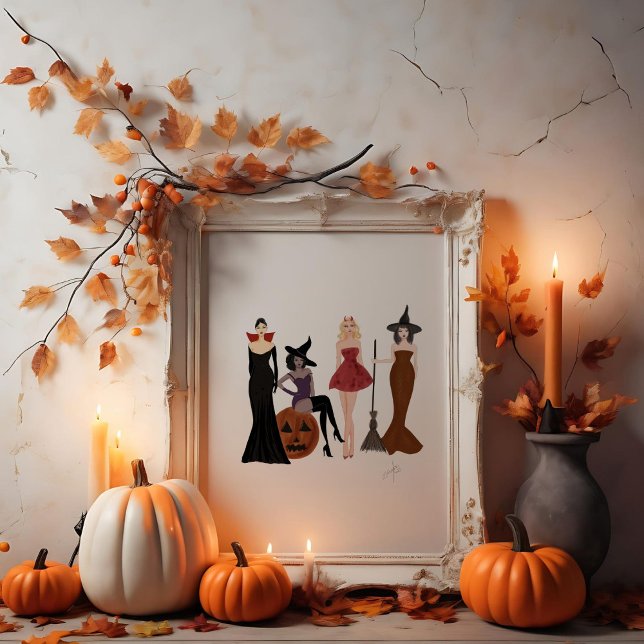 Poster Filles d'Halloween, sketch de mode, sorcières, (Créateur téléchargé)