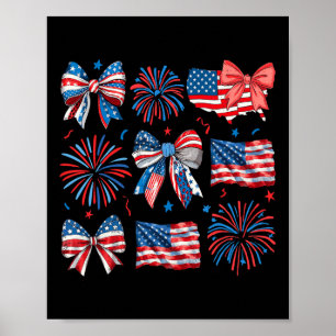 Poster Filles Drapeau Usa Feux D'artifice Nœuds Patriotiq