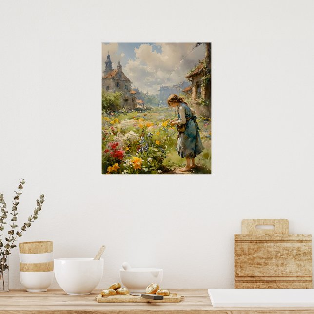 Poster Filles et fleurs dans un paysage rural | (Créateur téléchargé)
