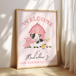 Poster Filles Ferme Animaux Rose Enfants Anniversaire Bie