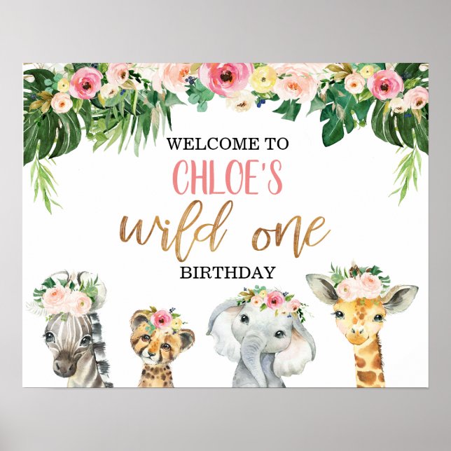 Poster Filles Floral Foliage Safari Anniversaire Bienvenu (Devant)