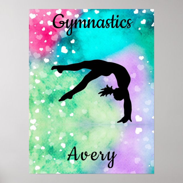 Poster Filles Gymnastique Aquarelle avec Coeurs flottants (Devant)
