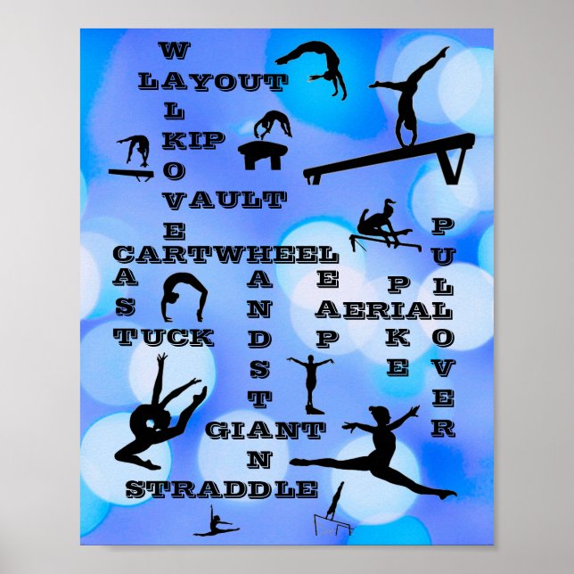 Poster Filles Gymnastique Compétences Mots-croisés Bleu (Devant)