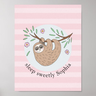 Poster Filles Mignon Sloth Dormant Animal et Nom Enfants