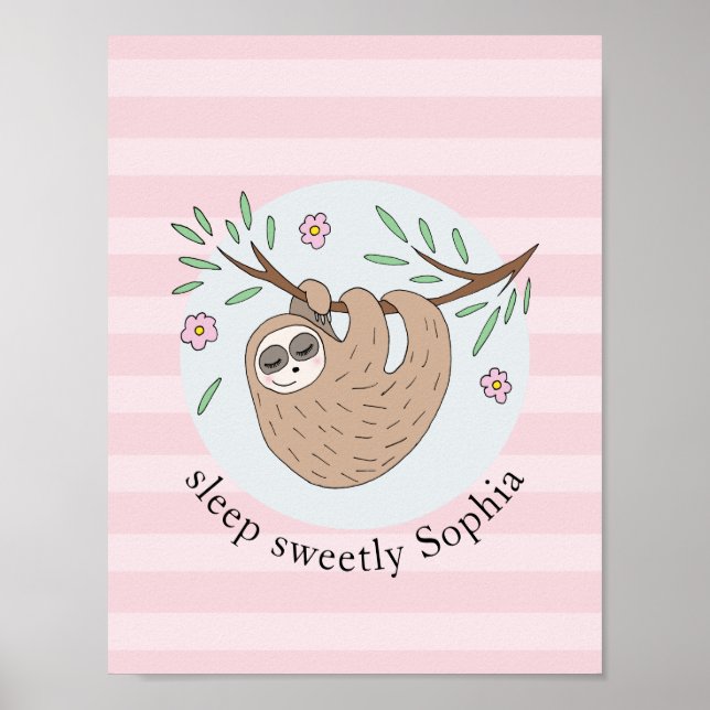 Poster Filles Mignonnes Sloth Dormant Animal et Nom Enfan (Devant)