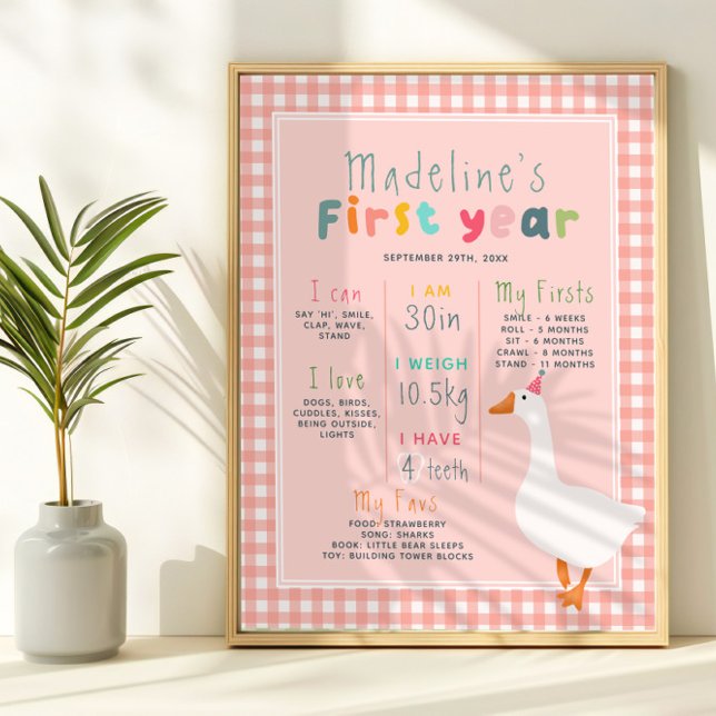 Poster Filles Oie rose Première année Anniversaire Jalon (Créateur téléchargé)