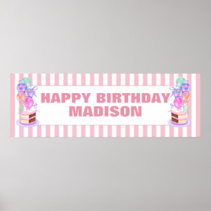 Poster Filles rose gâteau d'anniversaire et ballon person