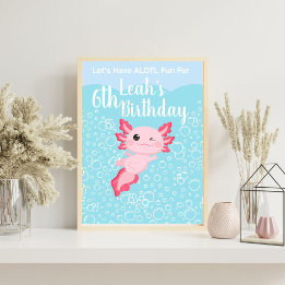 Poster Filles roses mignonnes Axolotl fête d'anniversaire